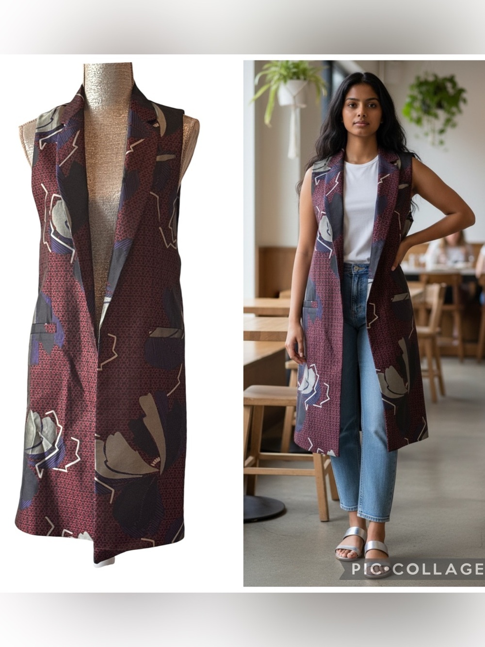 River Island Black Multi Abstract Print Longline Blazer Vest Size 8